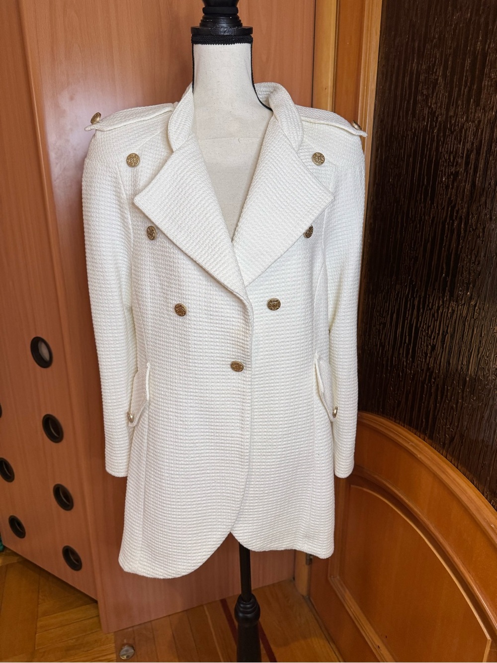 Balmain inspired Double-Breasted Cream Pea Coat blazer with Gold Buttons Sz 18